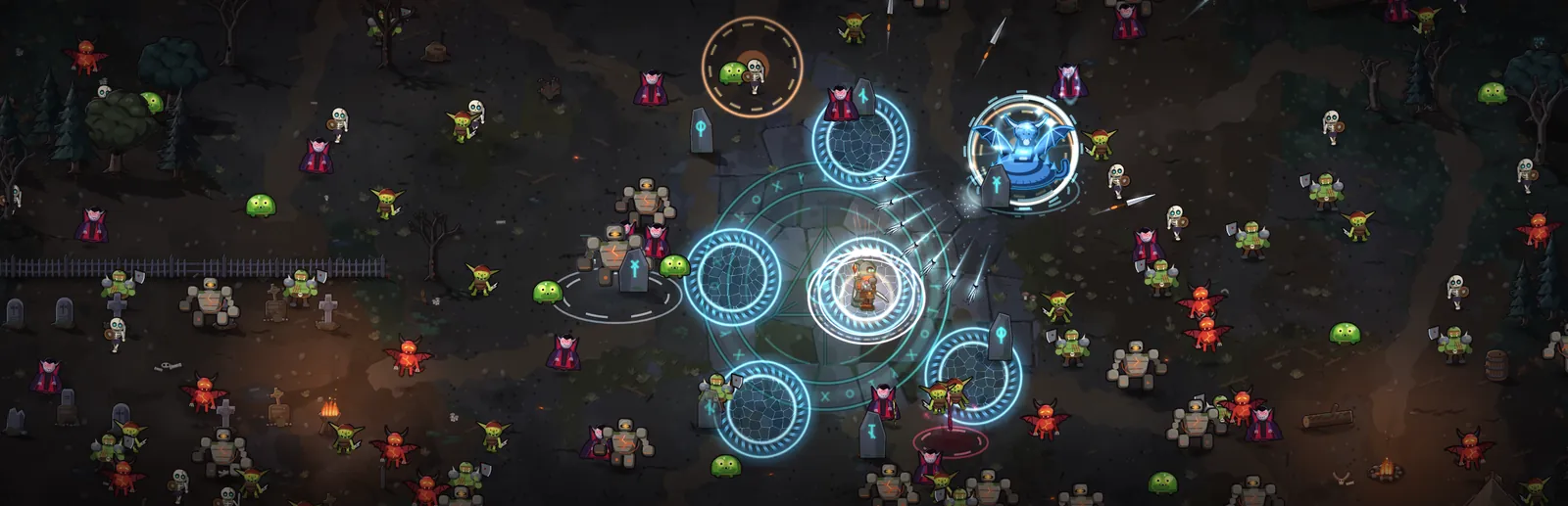 Ignisfall gameplay art: a hooded hunter in a glowing rune circle at the edge of a graveyard, surrounded by frost novas, flying knives and a horde of goblins, skeletons and demons.